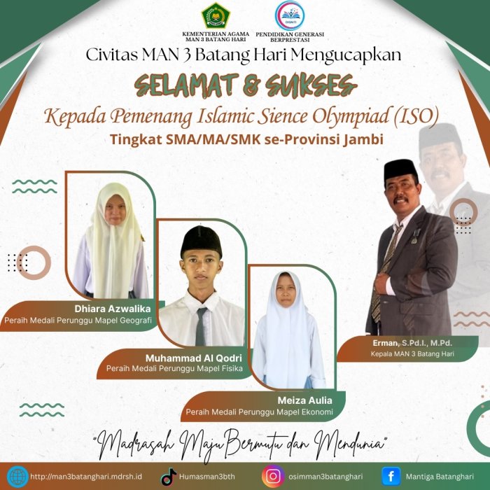 Tiga Siswa MAN 3 Batang Hari Raih Medali Perunggu di Ajang ISO Tingkat SMA/MA se-Provinsi Jambi