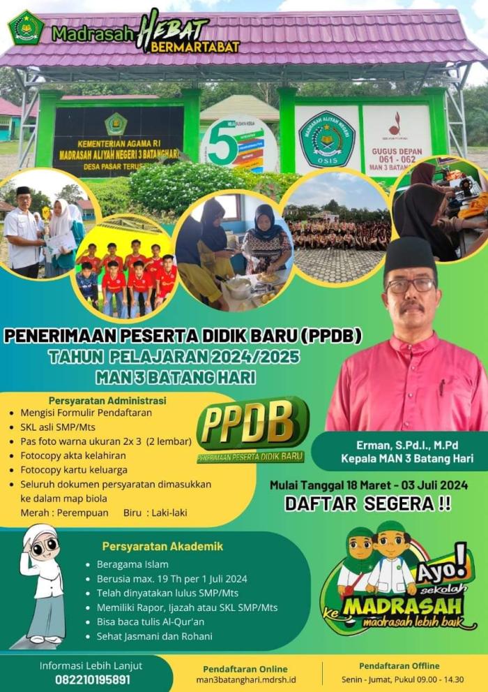 'Penerimaan Peserta Didik Baru (PPDM) MAN 3 Batang Hari Tahun Pelajaran 2024/2025 Telah Dibuka'