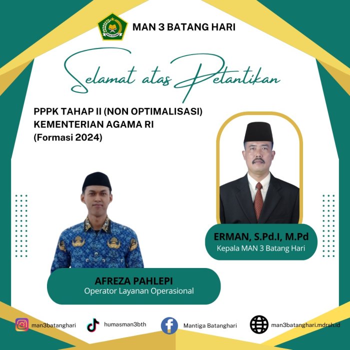 Keluarga Besar MAN 3 Batang Hari Ucapkan Selamat atas Pelantikan PPPK Tahap II Afreza Pahlefi